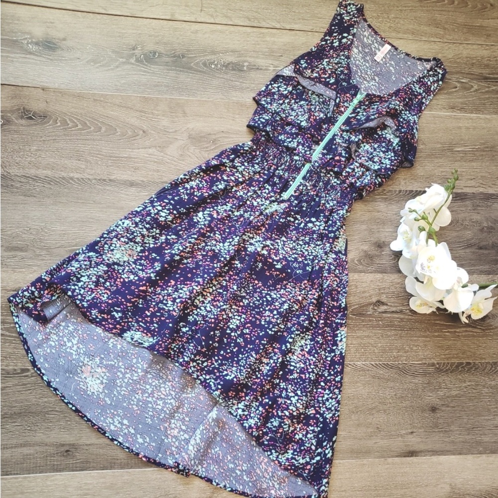 🌸3/$25 Xhilaration Multicolor Abstract Print Ruffle & Zip High Low Dress Size S